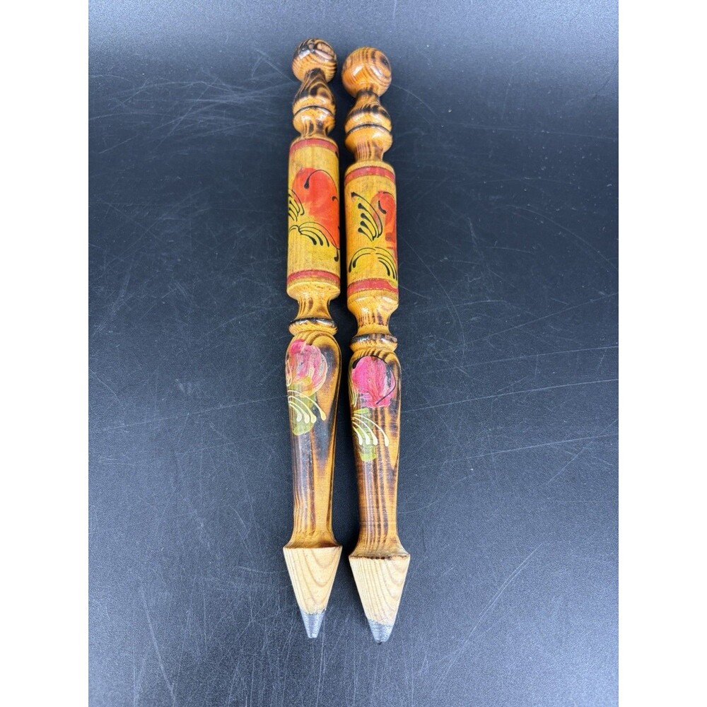 vintage large russian hand-painted & craved wooden wood pencil set 2